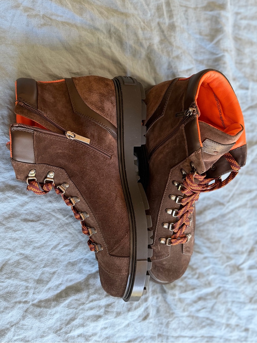 Santoni Men's Brown Suede Hiking Boots Lace Up Side Zip Leather Lined US 13